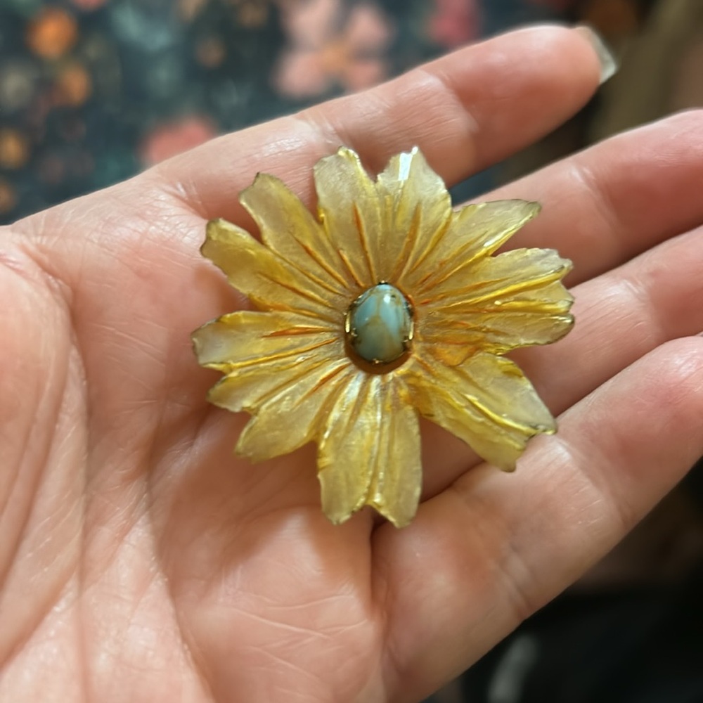 Antique Signed Celluloid Genuine Turquoise Flower C Clasp Brooch - Picture 4 of 15